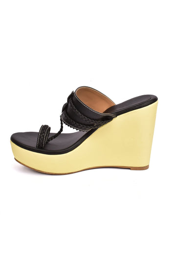 Cream and Black Vegan Leather Kolhapuri Wedges